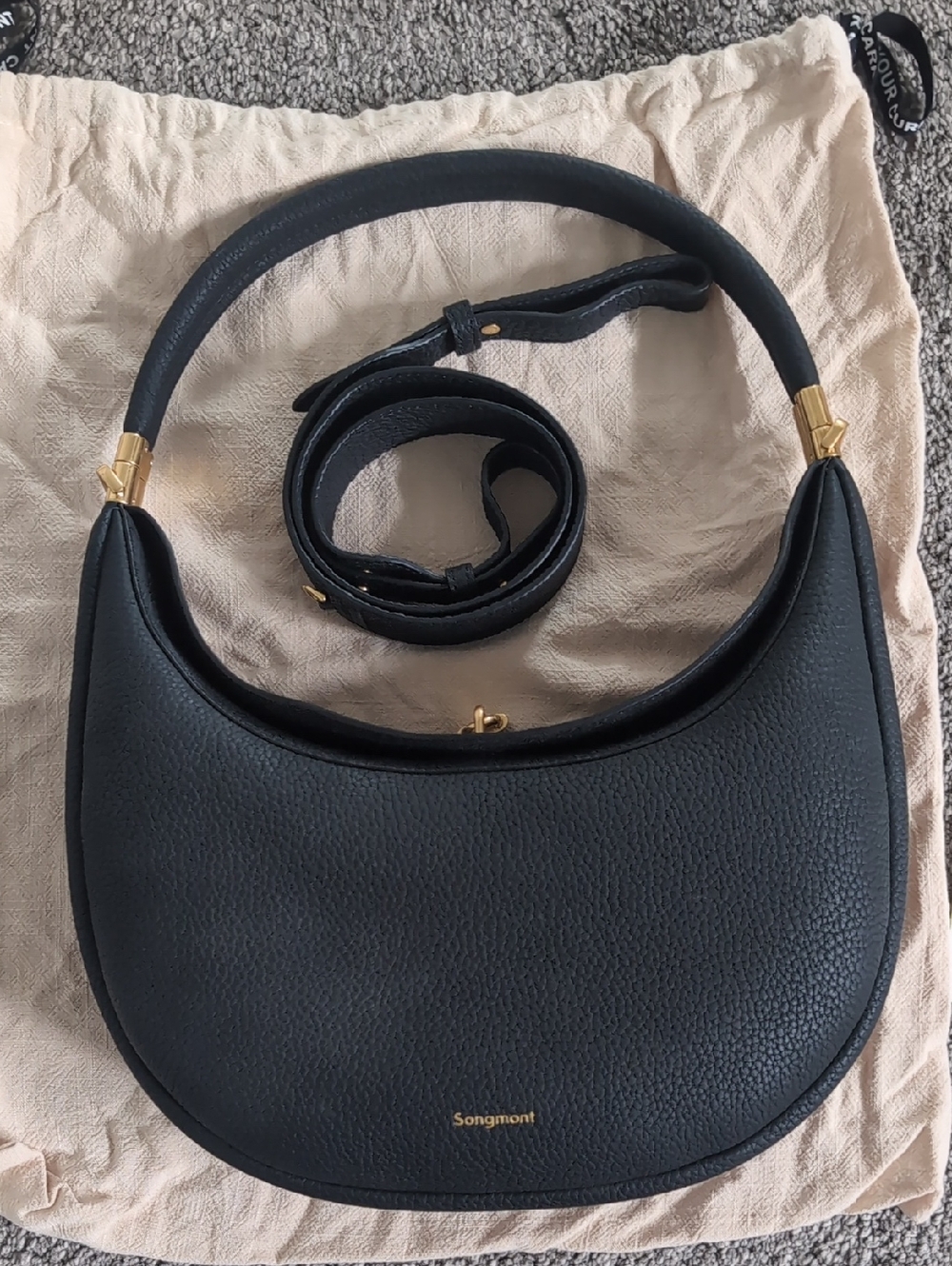 Songmont Black Pebbled Leather Luna Bag with Gold Hardware